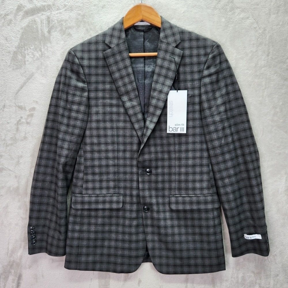Bar III Blazer Mens 38R 38 Regular Gray Plaid Slim Fit Stretch Sport Coat Jacket